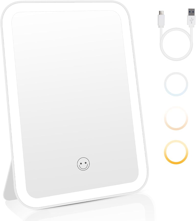 Cnmtcco Led-spiegel, Kosmetikspiegel Mit 3 Farbigen Lichtern, Beleuchteter Kosmetikspiegel, Wiederaufladbar Und Leicht Zu Transportieren (20 X 13,5 Cm Weiß)