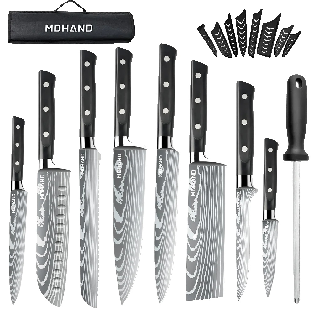 Kochmesser Set, Hochkohlenstoff-edelstahl, Ergonomischer Holzgriff, Schwarz