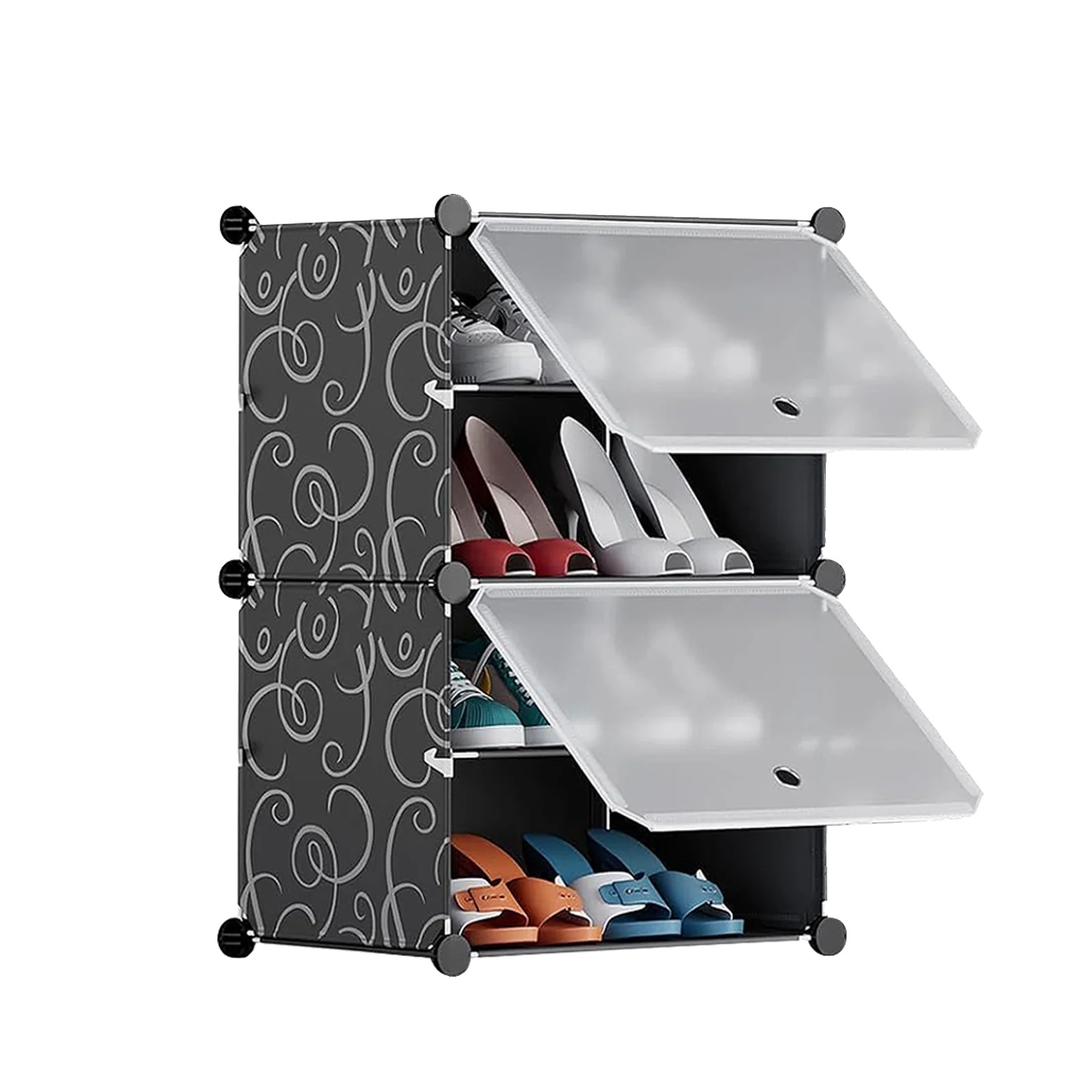 Schuhregal, Modulares Design, 4 Fächer, Schwarze Farbe