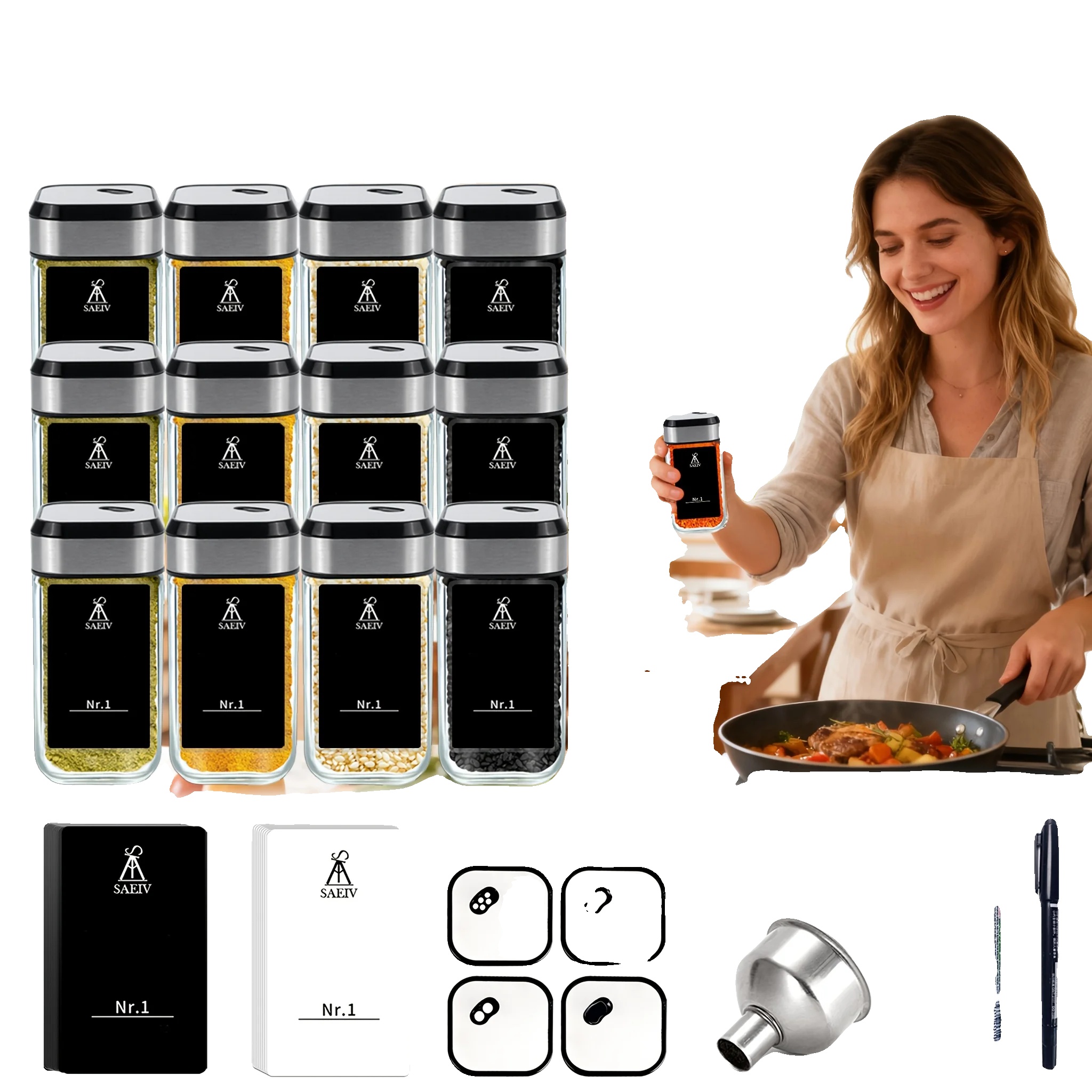 Gewürzglas-set, Luftdichte Aufbewahrung, Verstellbare Dosierung, 12 Pcs