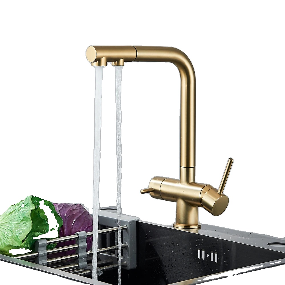 Messing Gefilterte Küchenarmatur, Doppelgriff, Heiß- Und Kaltwasser, Modernes Design, Gebürstetes Gold