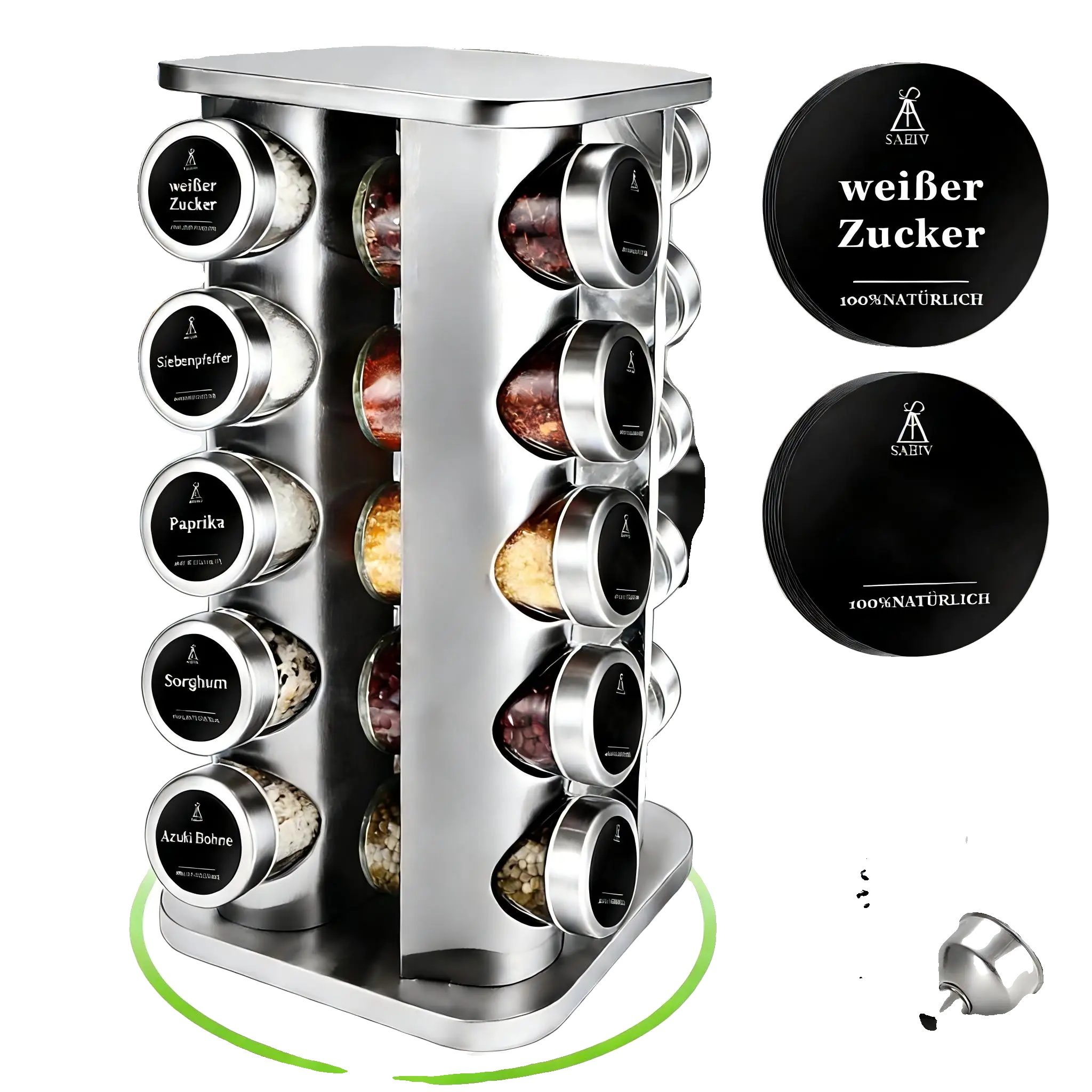 Gewürzregal, Edelstahlrahmen, 360° Drehbares Design, Gewürzglas-set
