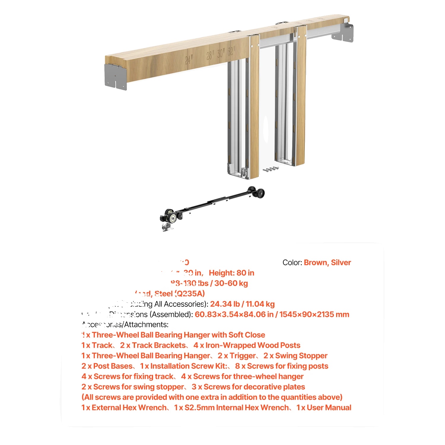 Schiebetürrahmen-kit, Soft-close-mechanismus, Langlebiges Design, 30wx80h Zoll Holz