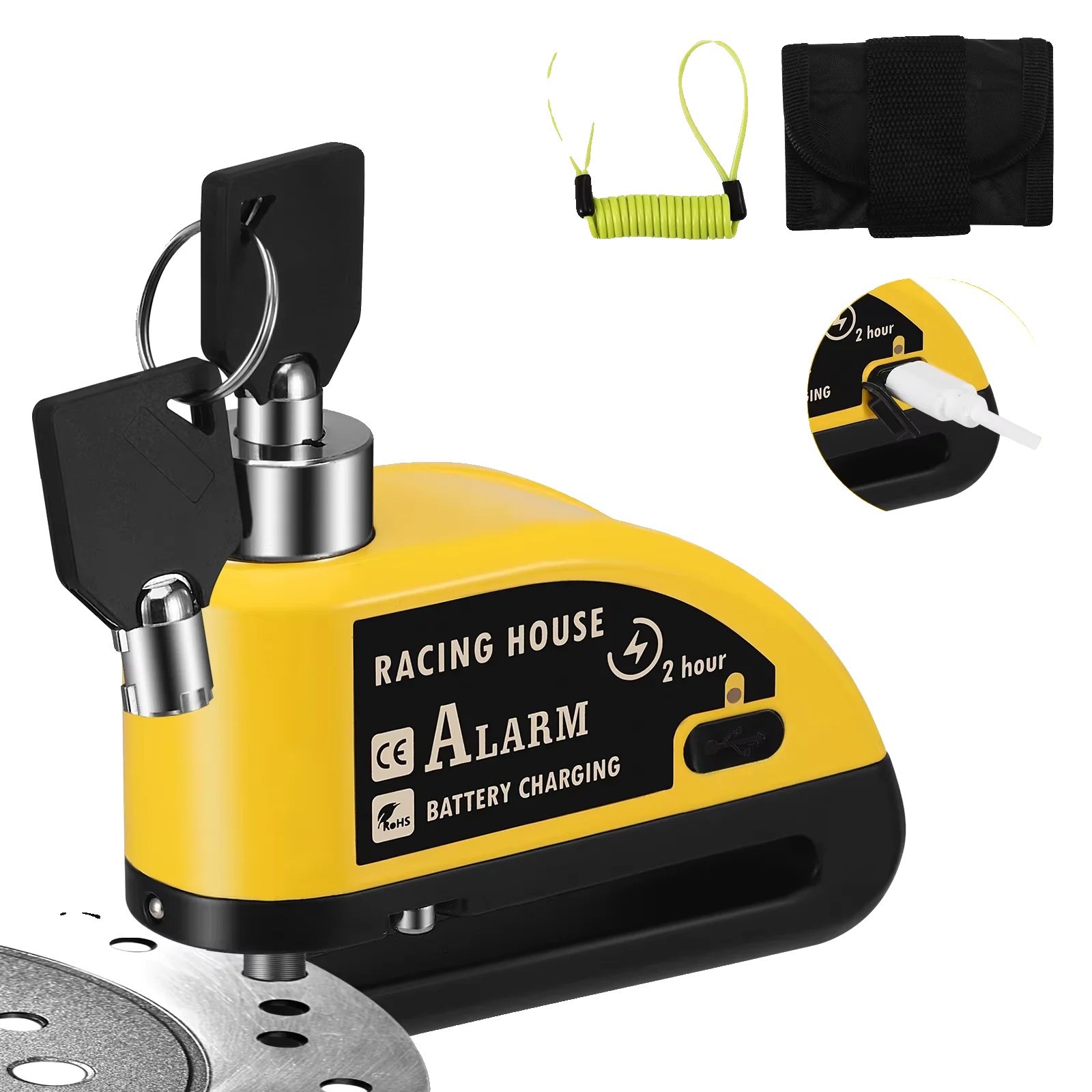 Scheibenbremsenschloss, Wasserdicht, 110db Alarm, Wiederaufladbar, 1,5m Erinnerungs-kabel, Passt Auf Die Meisten Fahrräder
