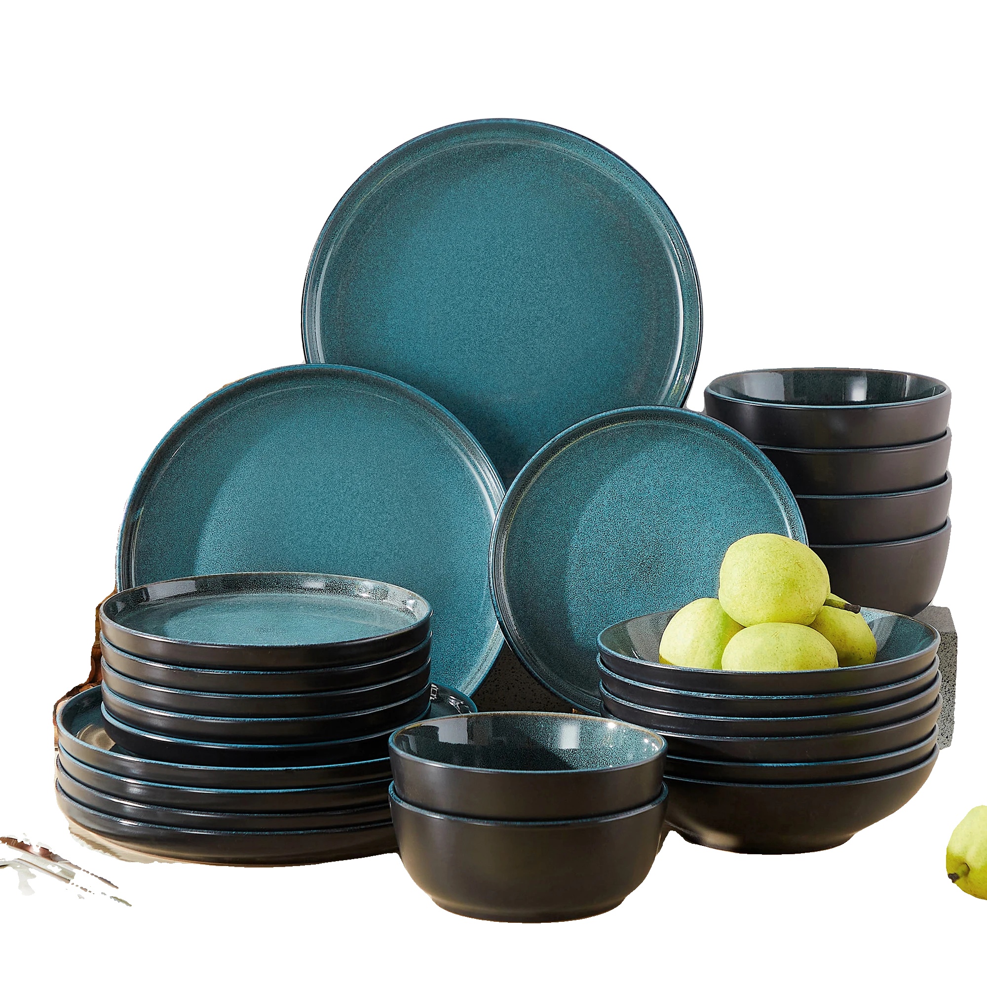 Geschirrset, Keramikmaterial, Einzigartige Reaktive Glasur-oberfläche, Blau, 2 Sets Mit 18 Stücken