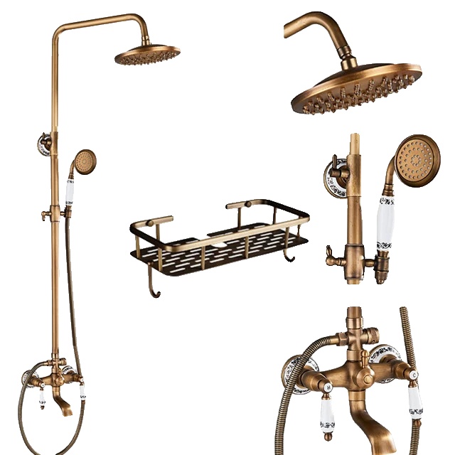 Antiker Messing Regenfall-duscharmatur, Dual-handle-steuerung, Höhenverstellbar, E Regal