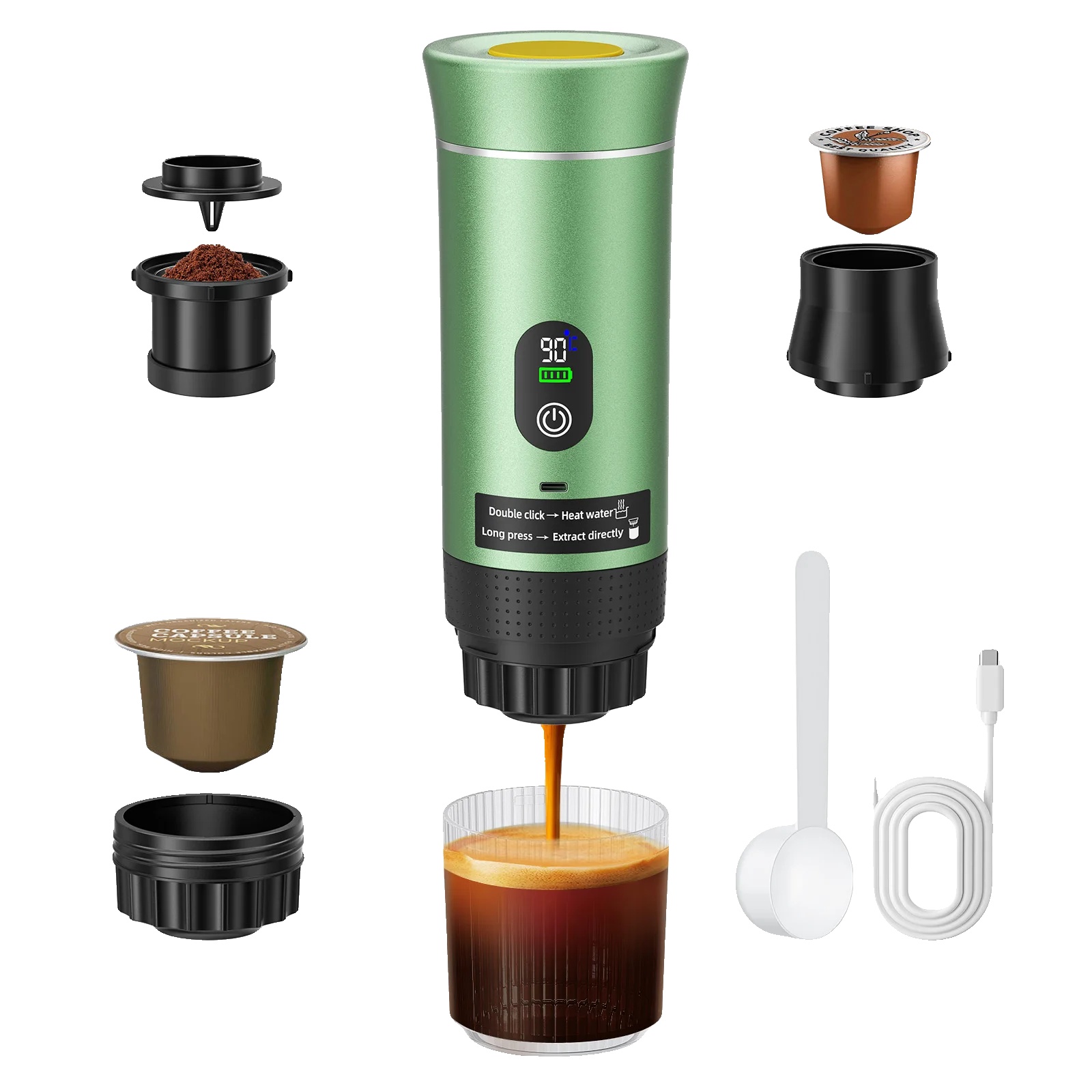 Espressomaschine, Tragbares Design, 3-in-1 Brühkompatibilität, Grün