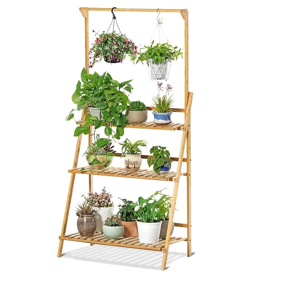 Pflanzenregal, Faltbares Design, Dreistufige Aufbewahrung, Naturholzfarbe