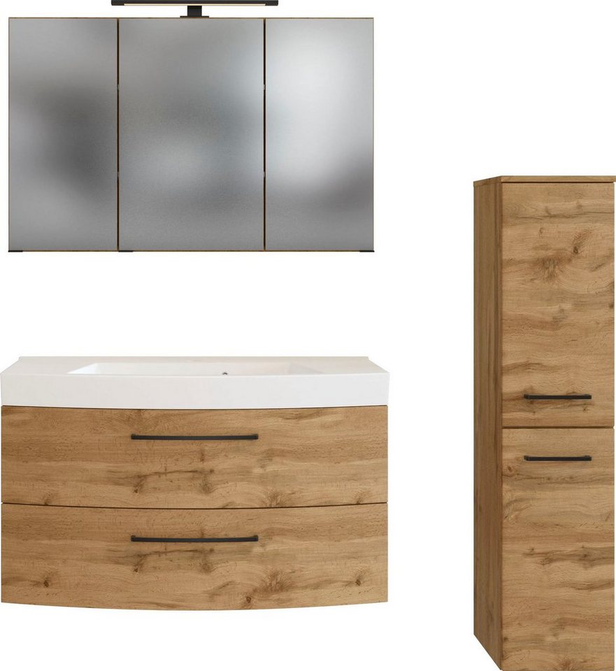 welltime Badmöbel-Set Chicago, (3-St., Spiegelschrank, Waschtisch, Midischrank), mit Mineralgussbecken