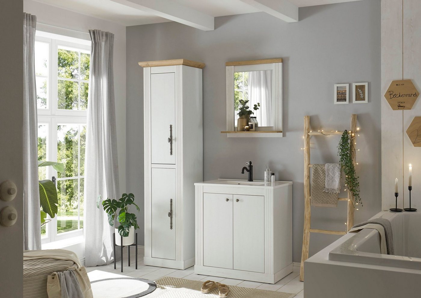 OTTO home Badmöbel-Set WESTMINSTER, Bad im Landhausstil, 3-teiliges Badezimmer, (3-St), Waschtisch, Spiegel, Hochschrank, in 2 Farben verfügbar, Breite 150 cm