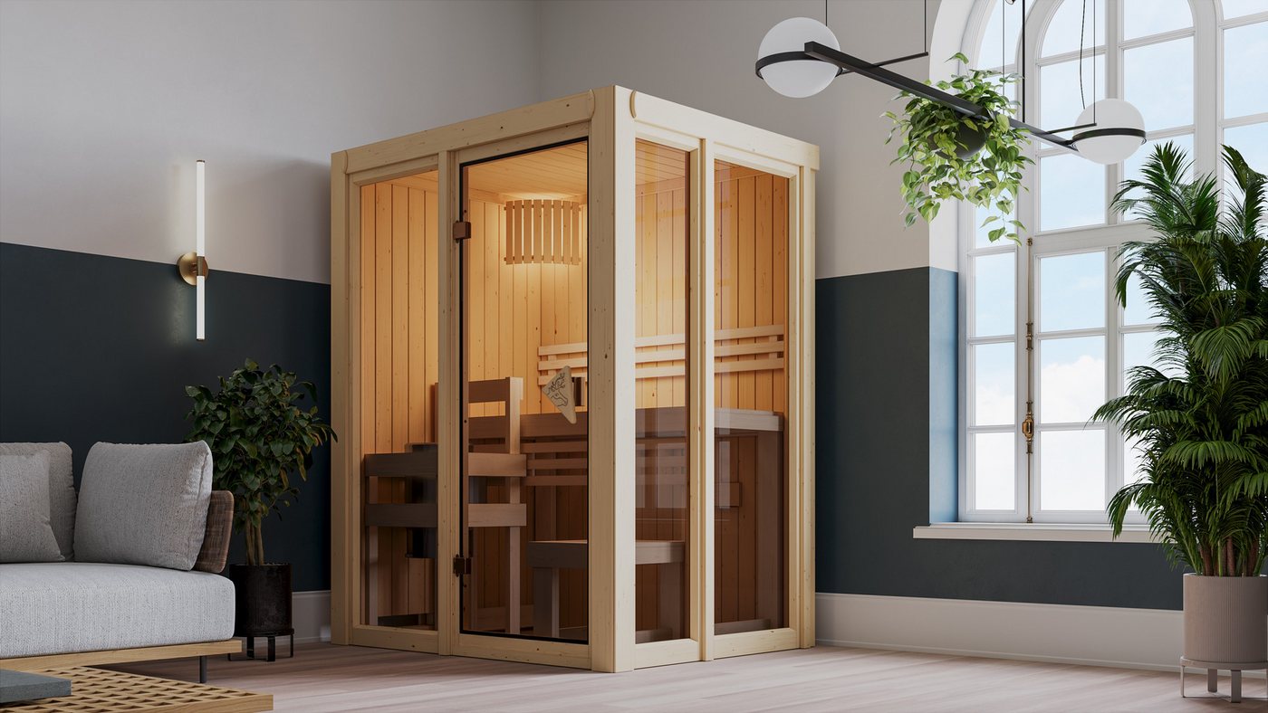 Karibu Sauna Ivana 1, BxTxH: 155 x 122 x 198 cm, 68 mm, Ganzglasfront, 3,6 kW Ofen mit intgr. Steuerung Bild 3