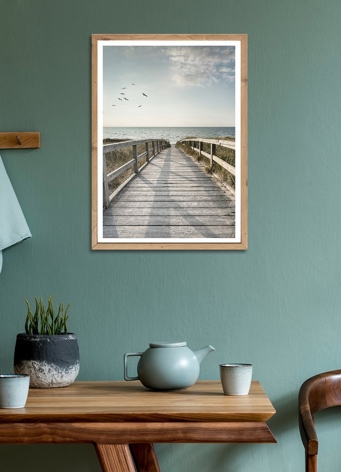 Bönninghoff Bild mit Rahmen Wandbild gerahmt STEG ZUM MEER 50x70 cm – Maritime Küsten Deko, Meer, Natur, Steg, Strand, Vögel (1 St), mit dekorativem Rahmen