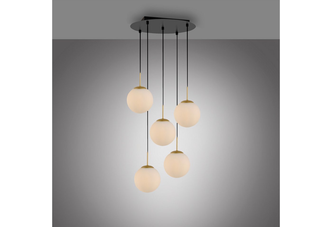 LeGer Home by Lena Gercke Deckenleuchte Elorea - Pendellampe mit großen Glaskugeln, Ein-/Ausschalter, ohne Leuchtmittel, opal matt weiß, schwarz gold, Pendelläge einstellbar, E14, Rondell Bild 3