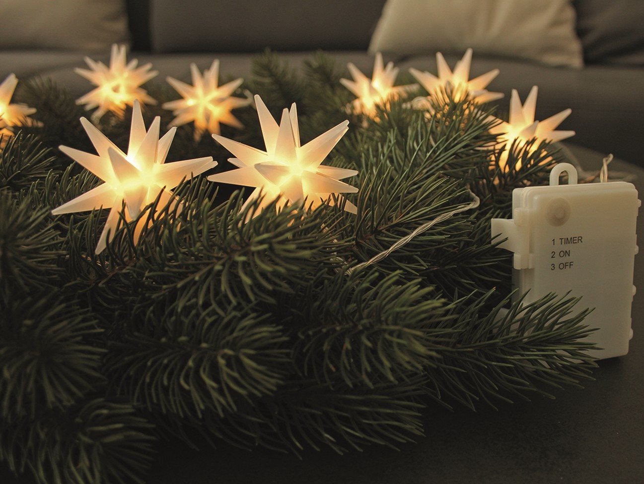 OTTO home LED-Lichterkette 15 weiße Sterne(6,5cm), warmweiß, Timer 6/18h, Batterie, 1,4 m Länge, 15-flammig, 1 m Zuleitung, Indoor Bild 4