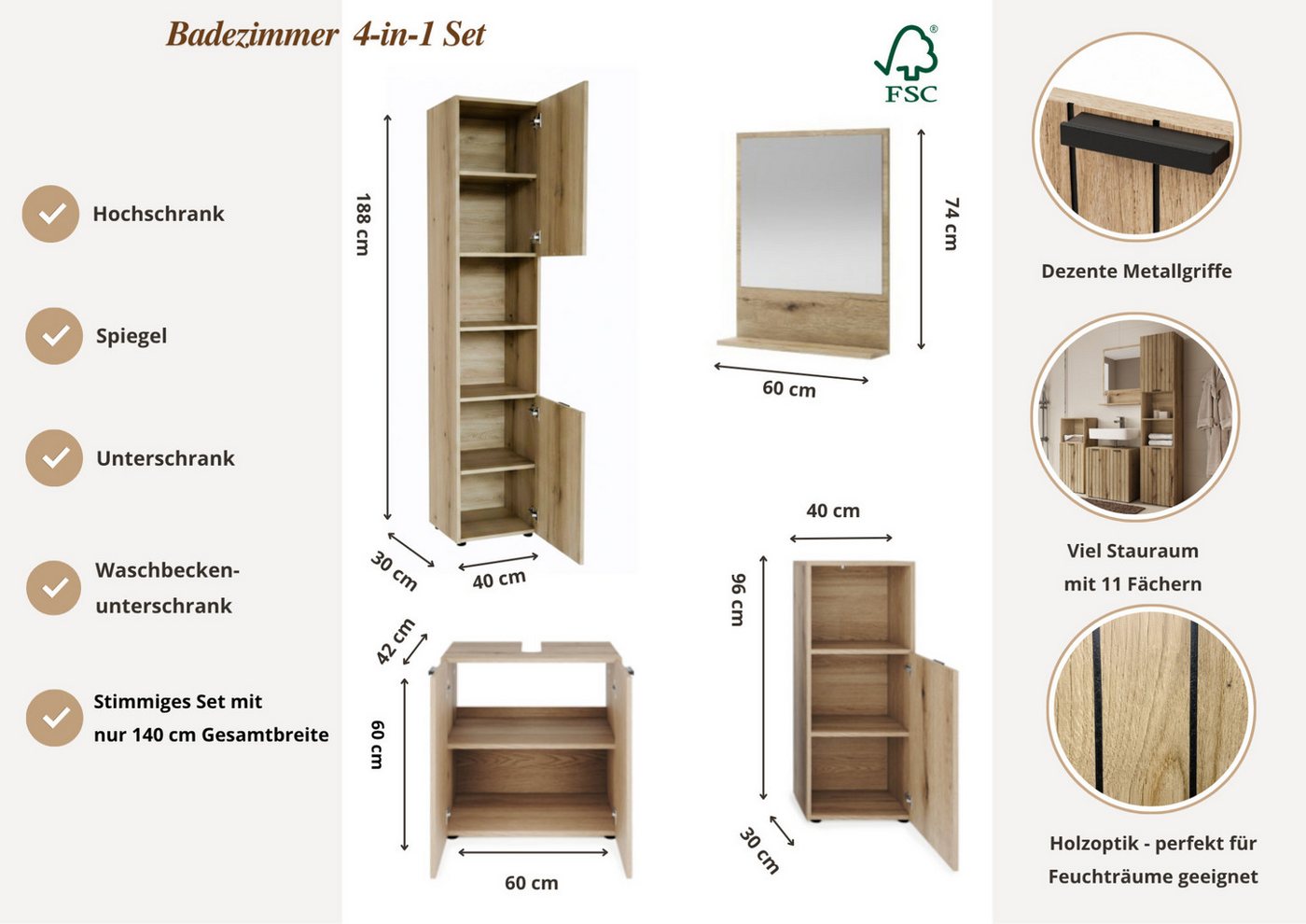OTTO home Badmöbel-Set Baltrum, (4-St., 4-teiliges Badezimmerset mit Rillenoptik), mit Melaminbeschichtung, dekorative Rillenoptik, modernes Design