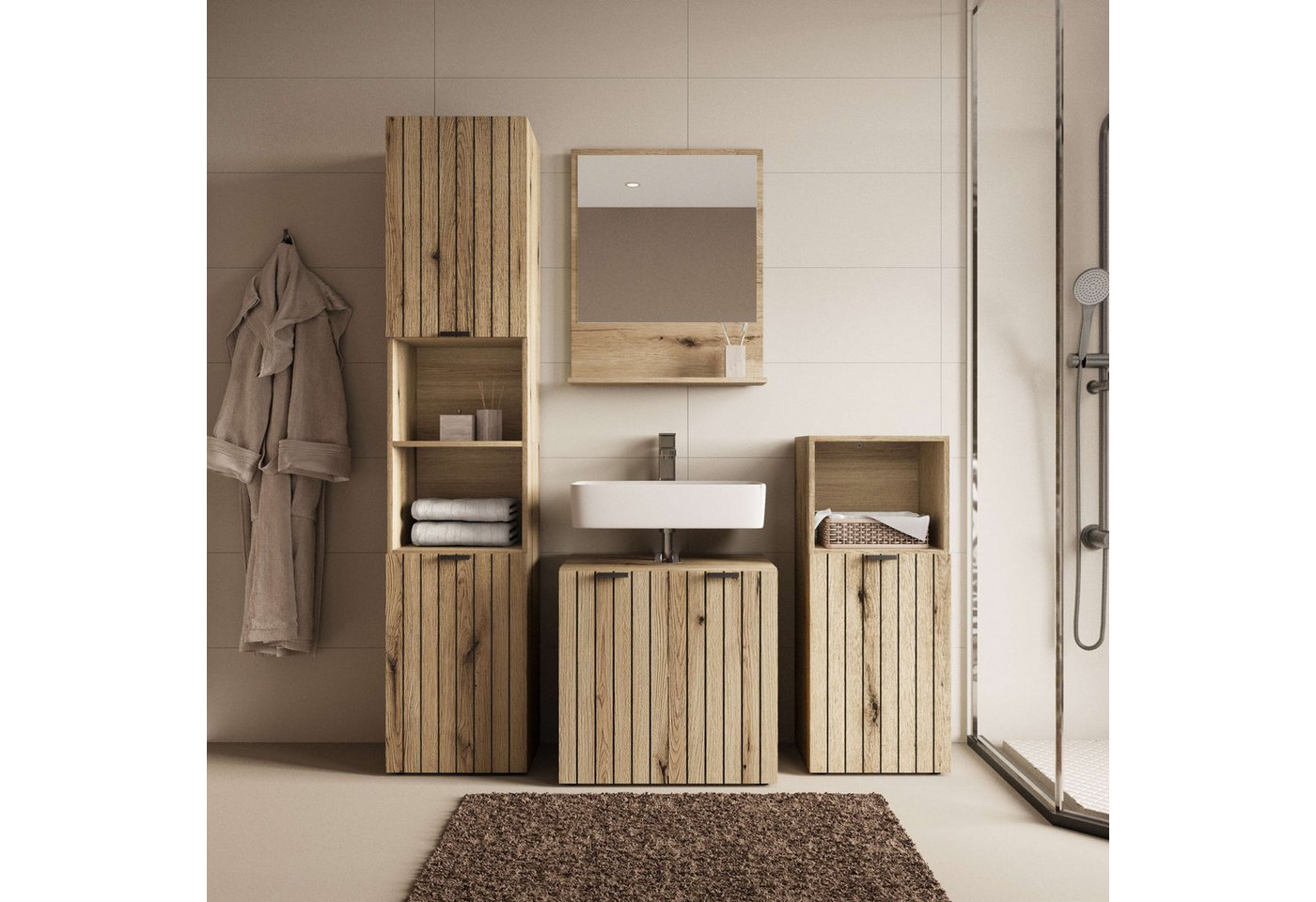 OTTO home Badmöbel-Set Baltrum, (4-St., 4-teiliges Badezimmerset mit Rillenoptik), mit Melaminbeschichtung, dekorative Rillenoptik, modernes Design Bild 2