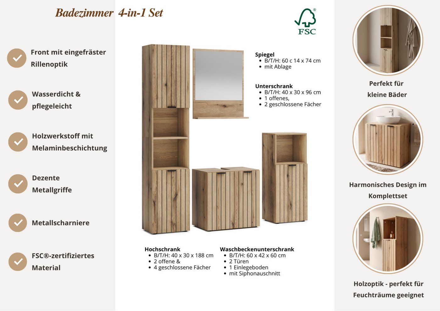 OTTO home Badmöbel-Set Baltrum, (4-St., 4-teiliges Badezimmerset mit Rillenoptik), mit Melaminbeschichtung, dekorative Rillenoptik, modernes Design Bild 4