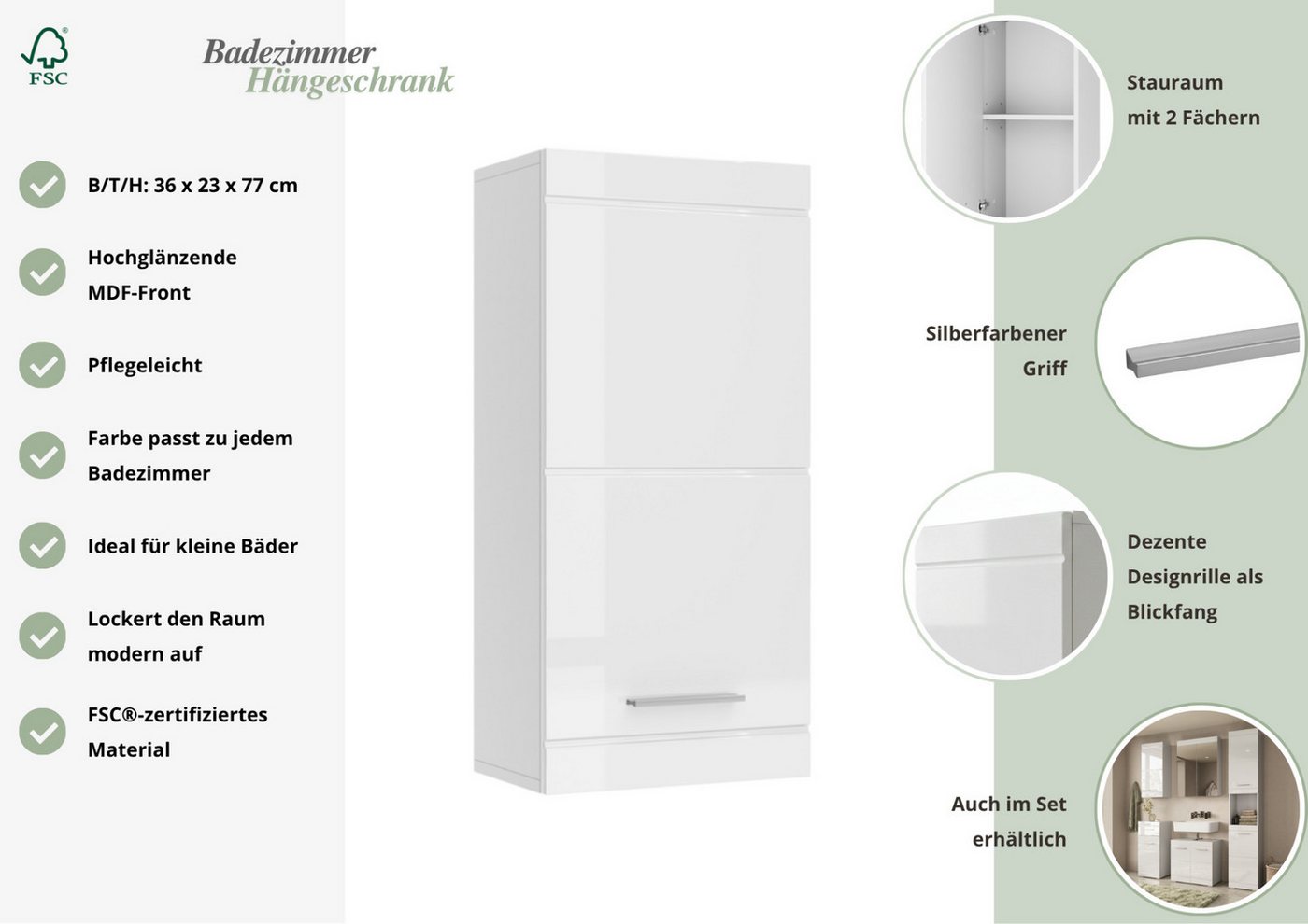 OTTO home Hängeschrank Föhr, Badschrank, Badezimmerschrank, Badmöbel Breite 36,4 cm, 1 Tür, minimalistisch, zeitlos, hochglänzend Bild 5