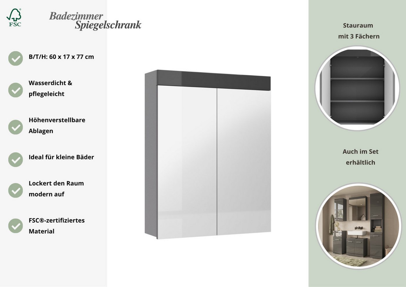 OTTO home Spiegelschrank Föhr minimalistisch, zeitlos, Spiegelfronten, 2 Einlegeböden Bild 5
