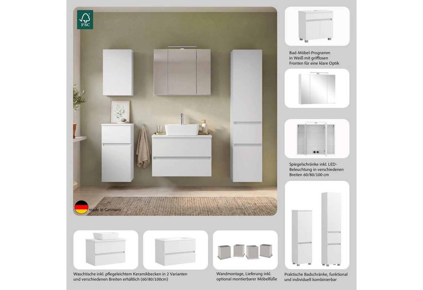 OTTO home Waschbeckenunterschrank Bozen, Unterbeckenschrank 60 cm (Badezimmerschrank, Badschrank, Stauraum, Badmöbel, Schrank) griffloses Design, Maße (B/T/H): 60/35/54 cm Bild 3