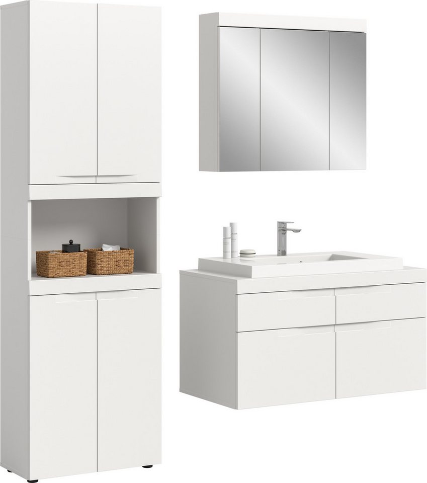 OTTO home Badmöbel-Set MAOI, 3-teilige Badkombination, hochwertige MDF Front, (1xHochschrank, 1xSpiegelschrank, 1xWaschtisch inkl. Aufsatzwaschbecken), Bad-Kombination, Bad-Möbel, Badezimmer, Kombination, Kombi