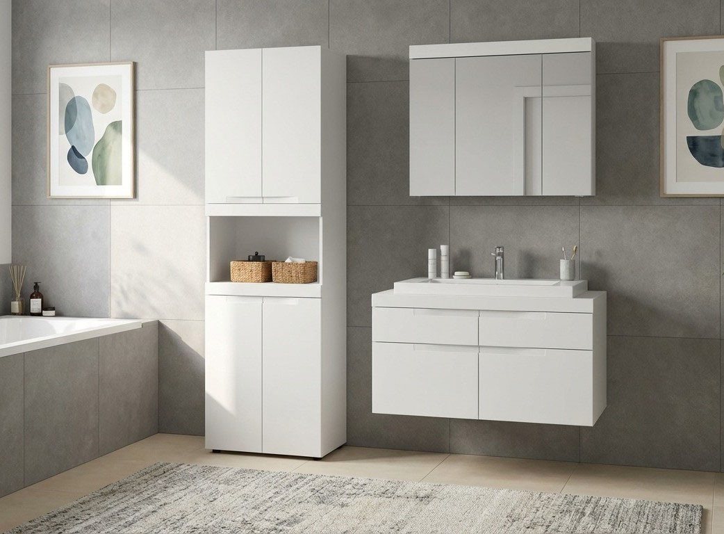 OTTO home Badmöbel-Set MAOI, 3-teilige Badkombination, hochwertige MDF Front, (1xHochschrank, 1xSpiegelschrank, 1xWaschtisch inkl. Aufsatzwaschbecken), Bad-Kombination, Bad-Möbel, Badezimmer, Kombination, Kombi Bild 3