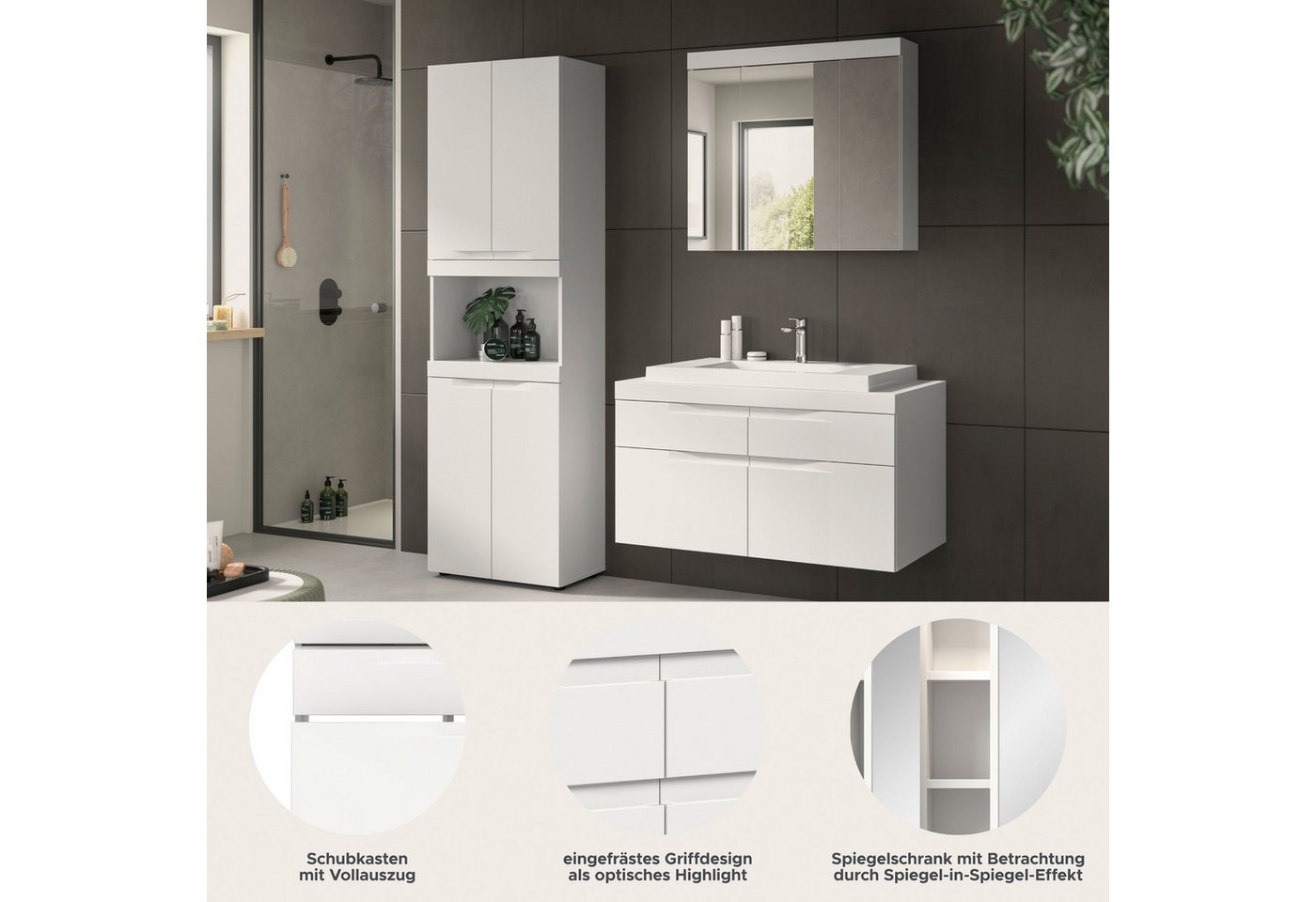 OTTO home Badmöbel-Set MAOI, 3-teilige Badkombination, hochwertige MDF Front, (1xHochschrank, 1xSpiegelschrank, 1xWaschtisch inkl. Aufsatzwaschbecken), Bad-Kombination, Bad-Möbel, Badezimmer, Kombination, Kombi Bild 4