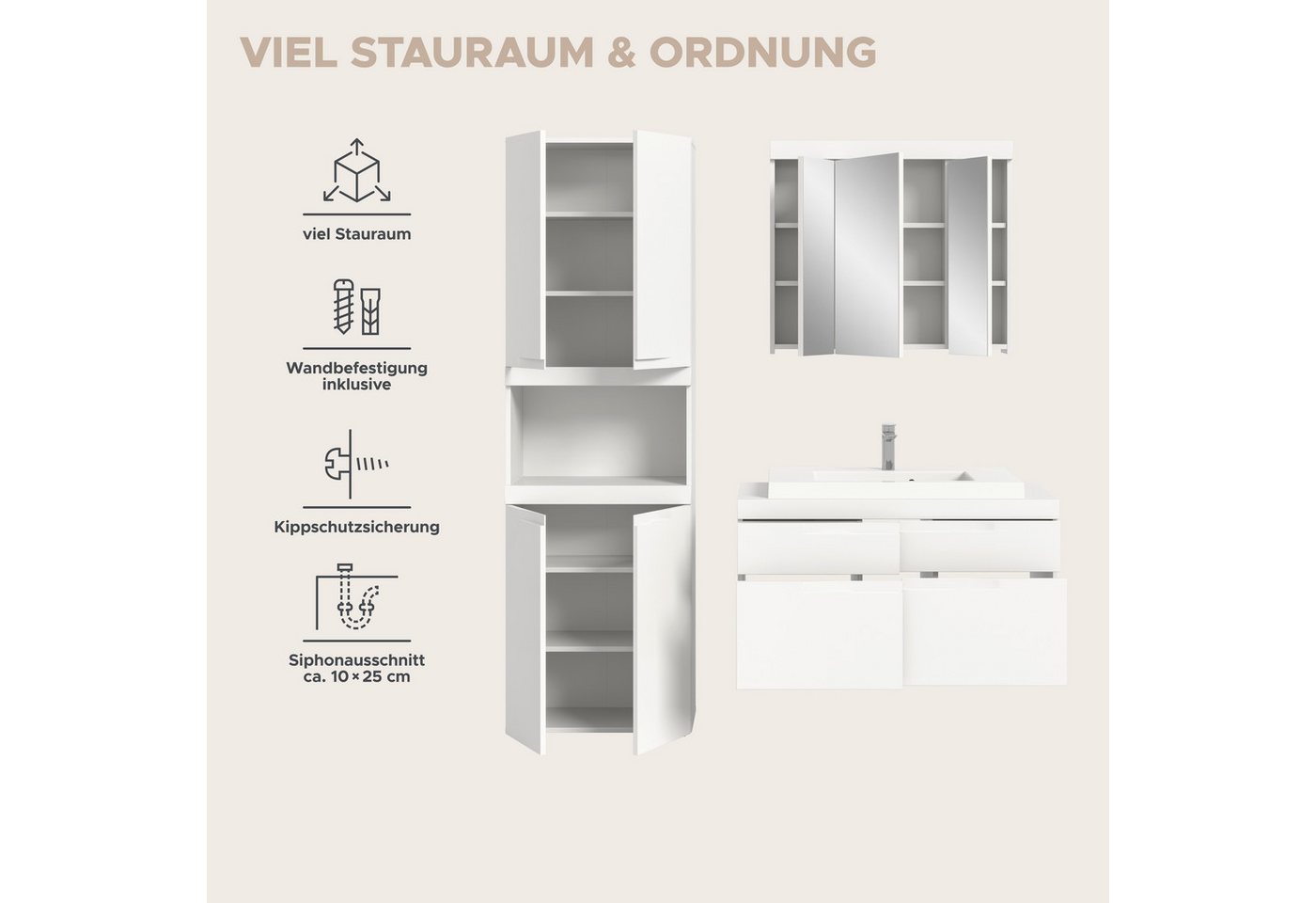 OTTO home Badmöbel-Set MAOI, 3-teilige Badkombination, hochwertige MDF Front, (1xHochschrank, 1xSpiegelschrank, 1xWaschtisch inkl. Aufsatzwaschbecken), Bad-Kombination, Bad-Möbel, Badezimmer, Kombination, Kombi Bild 5