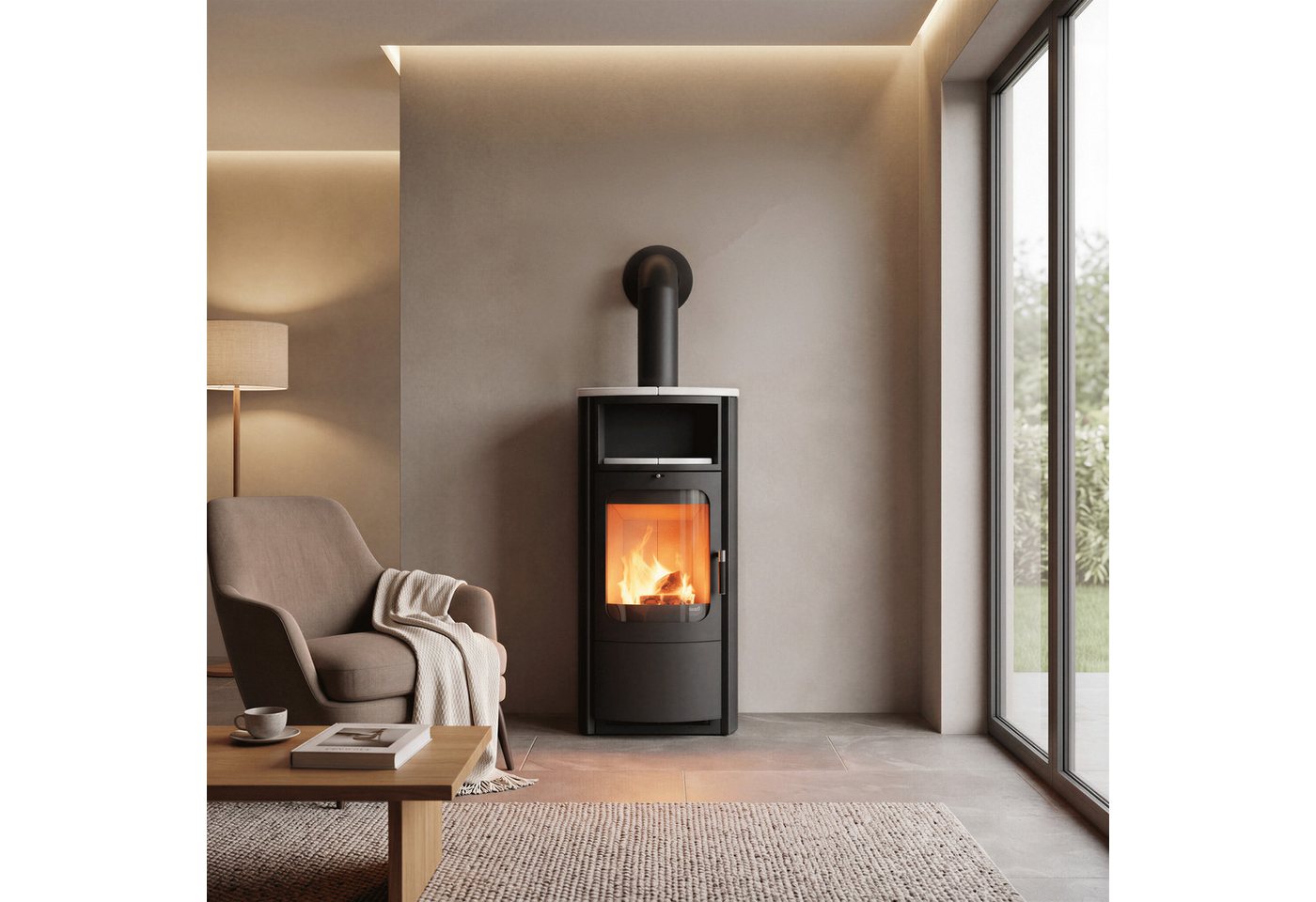 HARK Kaminofen "Opera Weiß-Matt", Exklusiv, Lieferung bis ins Wohnzimmer, 7 kW, Dauerbrand, Metallseiten, Top & Teefach Kacheln matt-weiß, Dauerbrand geprüft