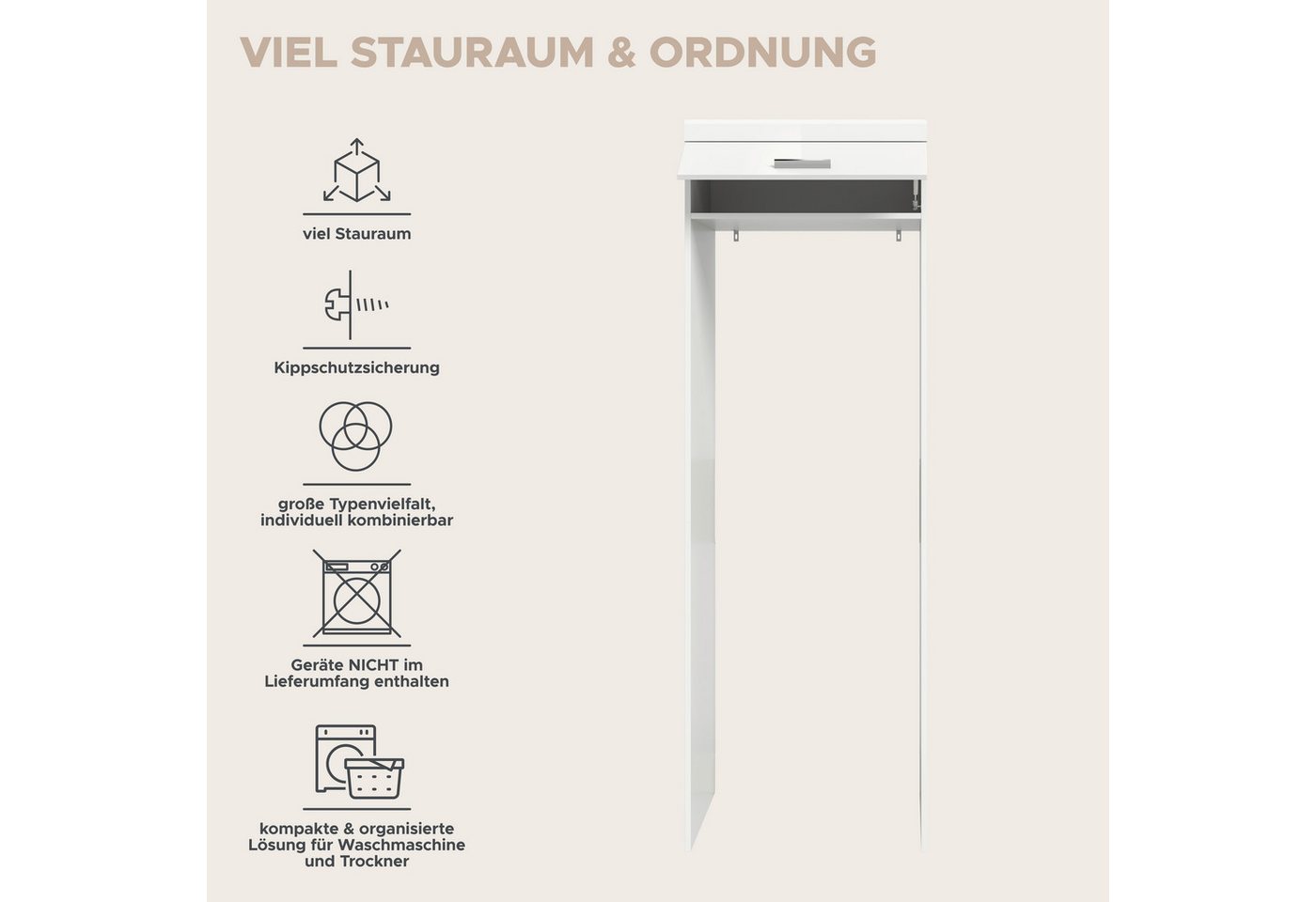 welltime Waschmaschinenumbauschrank SIENA, Breite 66 cm, für Waschmaschine & Trockner, 1 Klappe, MDF-Front (TOPSELLER!, passend für alle gängigen Waschmaschinen/Wäschetrockner) Überbauschrank, Umbauschrank, Badschrank, Hauswirtschaftsschrank Bild 3