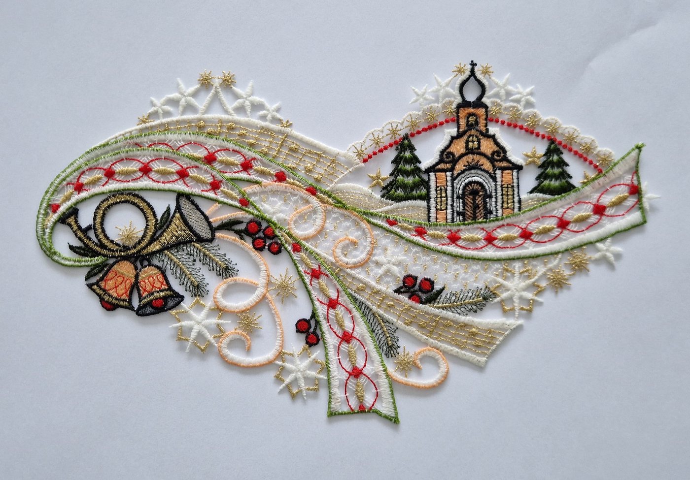 Stickereien Plauen Fensterbild Fensterbild Kirche mit Glocken, echte Plauener Stickerei
