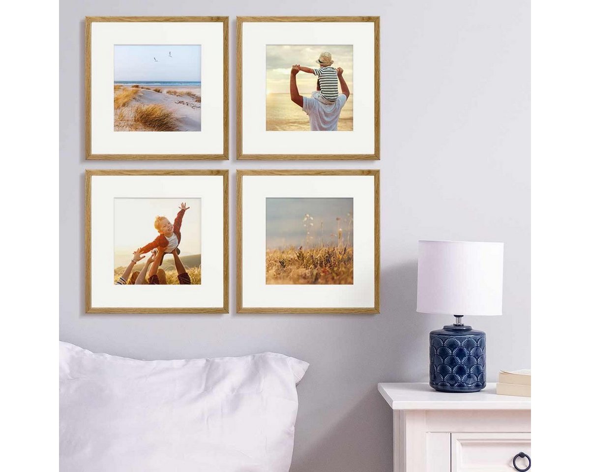 PHOTOLINI Bilderrahmen Echtholz 4er Set 30x30 cm mit Passepartout 20x20 cm, Acrylglas, für 4 Bilder (4er Set)