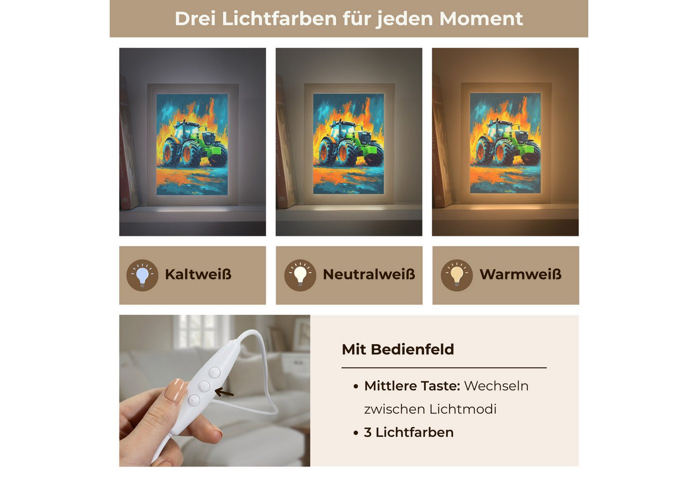 OnlyWow Wandleuchte Lightbox Abstrakt - Traktor - Grün - Jungen, Dimmbar, Farbwechsel, LED, Warmweiß, Kaltweiß, Neutralweiß Einstellbar, Wandlampe Innen, Dimmbar, mit Kabel, LED, Beleuchtung, Kinderzimmer Bild 5