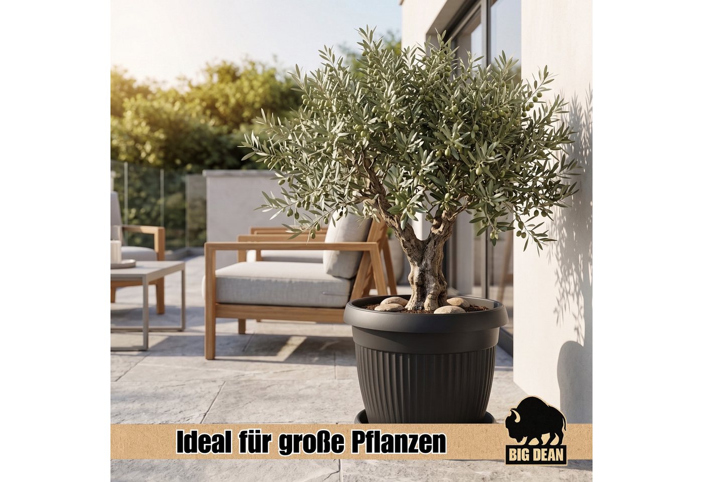 BigDean Blumentopf Pflanzkübel groß ø62cm Anthrazit rund mit Untersetzer wetterfest (Set, 1 St., Blumentop +Untersetzer), Wasserablauf, UV-beständig, aus bruchsicherem Kunststoff