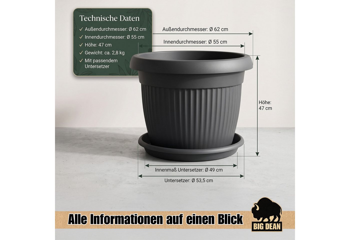 BigDean Blumentopf Pflanzkübel groß ø62cm Anthrazit rund mit Untersetzer wetterfest (Set, 1 St., Blumentop +Untersetzer), Wasserablauf, UV-beständig, aus bruchsicherem Kunststoff Bild 3