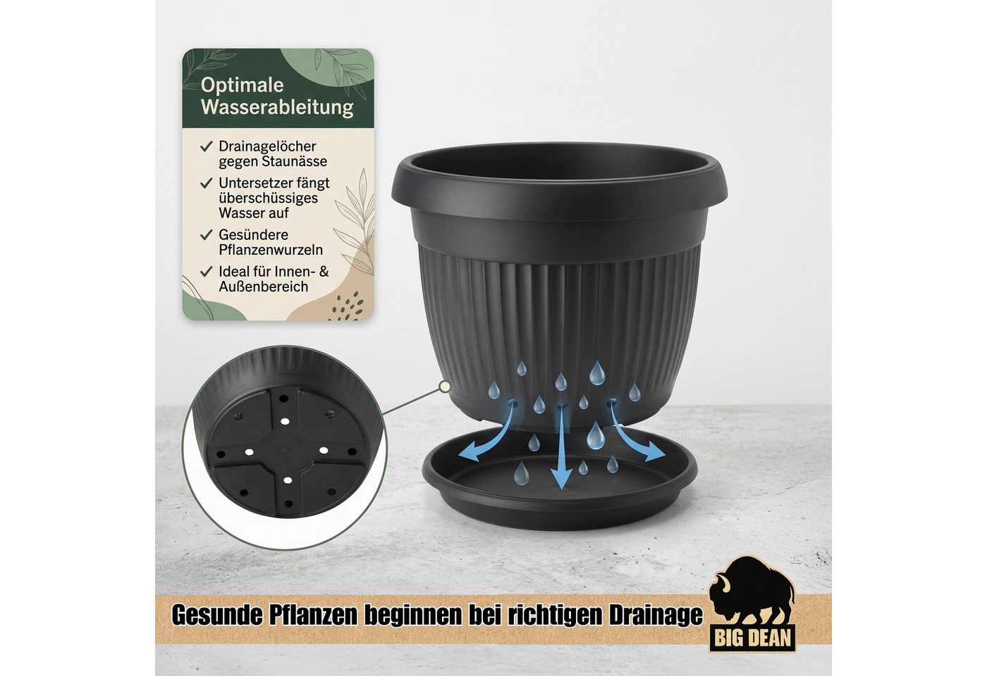 BigDean Blumentopf Pflanzkübel groß ø62cm Anthrazit rund mit Untersetzer wetterfest (Set, 1 St., Blumentop +Untersetzer), Wasserablauf, UV-beständig, aus bruchsicherem Kunststoff Bild 4