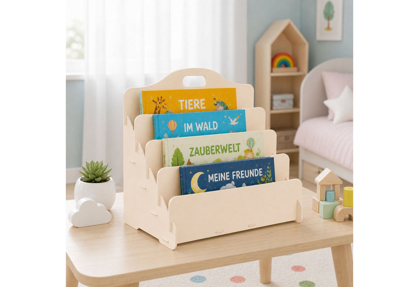 Jungengel Bücherregal Montessori Bücherständer Kinder-Bücherregal Holz Bücheraufbewahrung, Einzelartikel, 4x Farben/Modelle, schraubenlose Steckmontage, 45x20x35 cm