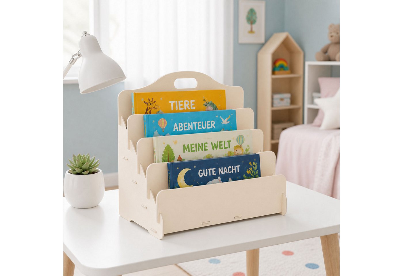 Jungengel Bücherregal Montessori Bücherständer Kinder-Bücherregal Holz Bücheraufbewahrung, Einzelartikel, 4x Farben/Modelle, schraubenlose Steckmontage, 45x20x35 cm Bild 3