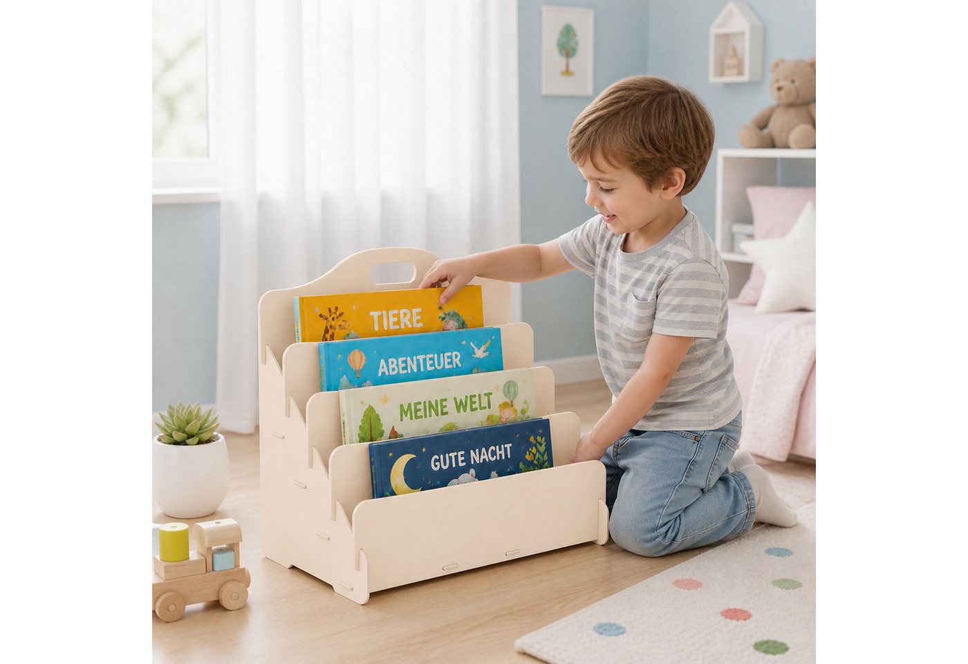 Jungengel Bücherregal Montessori Bücherständer Kinder-Bücherregal Holz Bücheraufbewahrung, Einzelartikel, 4x Farben/Modelle, schraubenlose Steckmontage, 45x20x35 cm Bild 4
