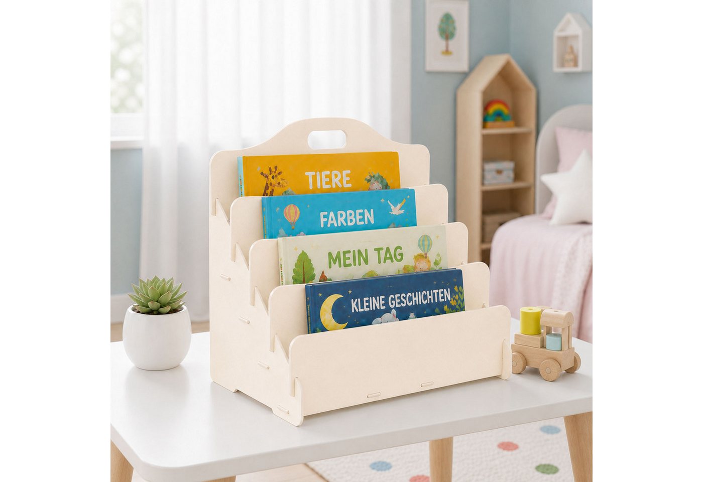 Jungengel Bücherregal Montessori Bücherständer Kinder-Bücherregal Holz Bücheraufbewahrung, Einzelartikel, 4x Farben/Modelle, schraubenlose Steckmontage, 45x20x35 cm Bild 5