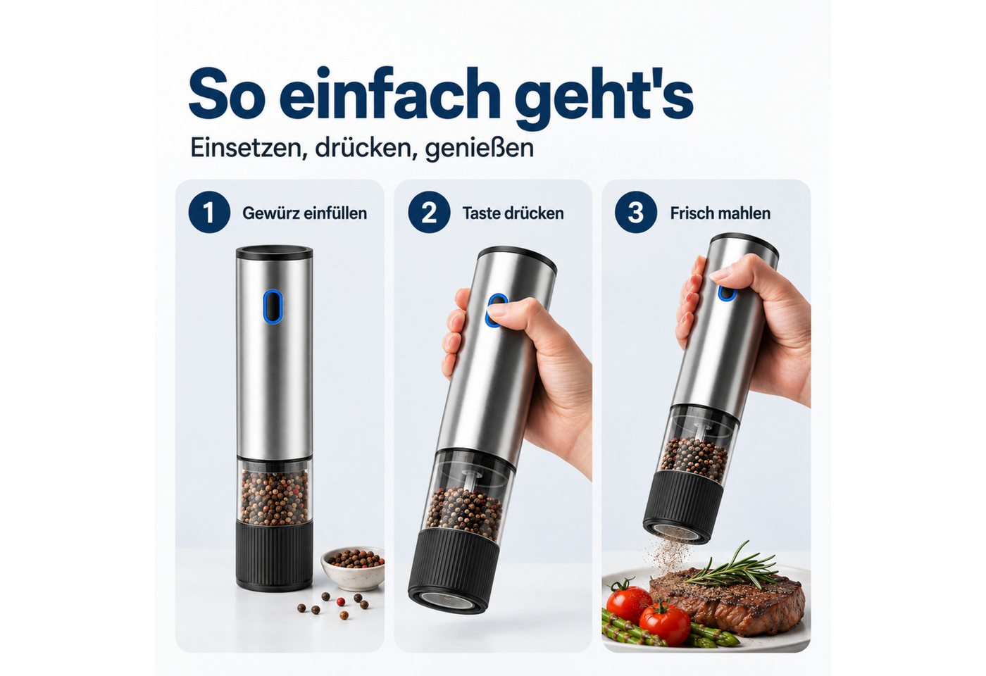 PlugUp Salz-/Pfeffermühle Elektrische Salz- & Pfeffermühle 2er Set, 5 Mahlgrade, Wiederaufladbar Akku, (2 Stück), 5 Mahlgrade, hochwertiges Keramikmahlwerk & LED-Beleuchtung