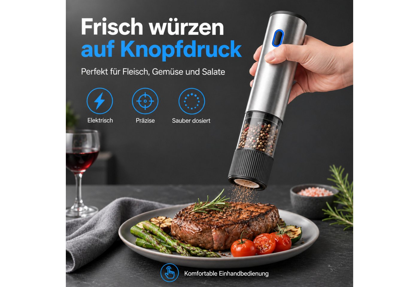 PlugUp Salz-/Pfeffermühle Elektrische Salz- & Pfeffermühle 2er Set, 5 Mahlgrade, Wiederaufladbar Akku, (2 Stück), 5 Mahlgrade, hochwertiges Keramikmahlwerk & LED-Beleuchtung Bild 3