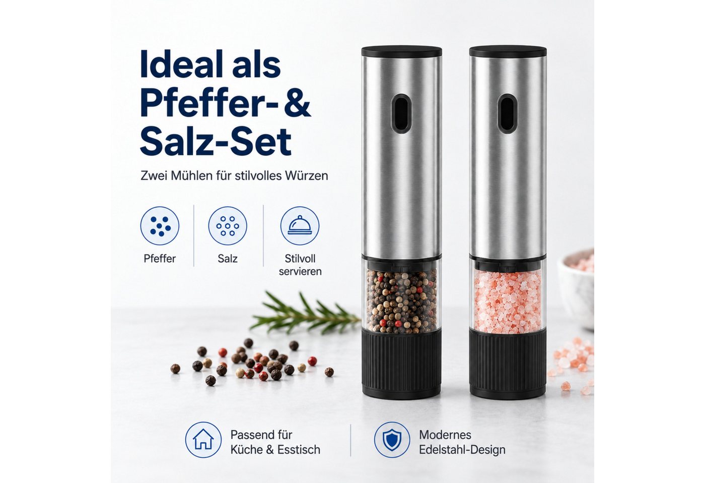 PlugUp Salz-/Pfeffermühle Elektrische Salz- & Pfeffermühle 2er Set, 5 Mahlgrade, Wiederaufladbar Akku, (2 Stück), 5 Mahlgrade, hochwertiges Keramikmahlwerk & LED-Beleuchtung Bild 4