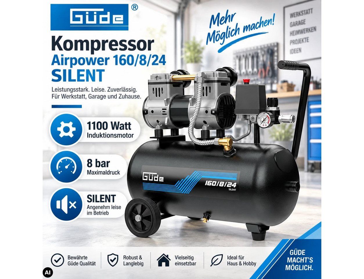 Güde Kompressor Flüster Kompressor Airpower 160/8/24 SILENT Leise + 3er Druckluft Set Bild 2