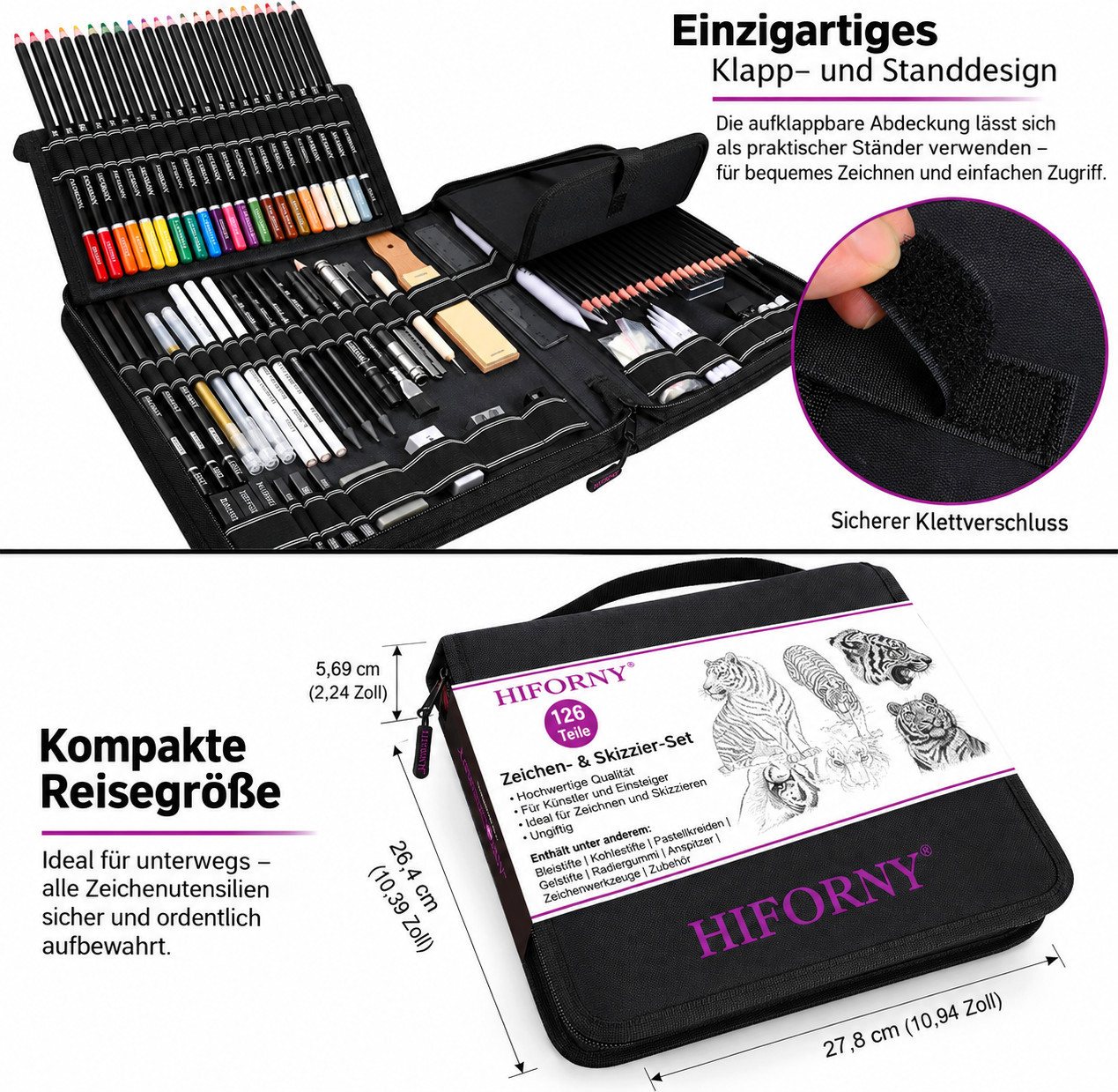 HIFORNY Künstlerstift 126-teiliges Zeichenset für Künstler mit Skizzenbuch und Canvas-Etui, (Zeichenset, 126-tlg., mit Canvas-Etui), 24 Graphitstifte 14B–5H, 24 farbige Kohlestifte, 3 Gelstifte im Etui