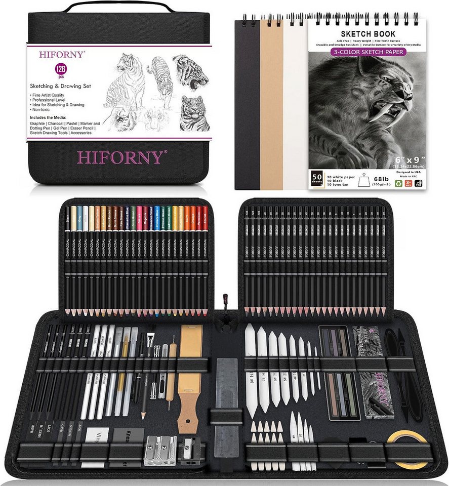 HIFORNY Künstlerstift 126-teiliges Zeichenset für Künstler mit Skizzenbuch und Canvas-Etui, (Zeichenset, 126-tlg., mit Canvas-Etui), 24 Graphitstifte 14B–5H, 24 farbige Kohlestifte, 3 Gelstifte im Etui Bild 5