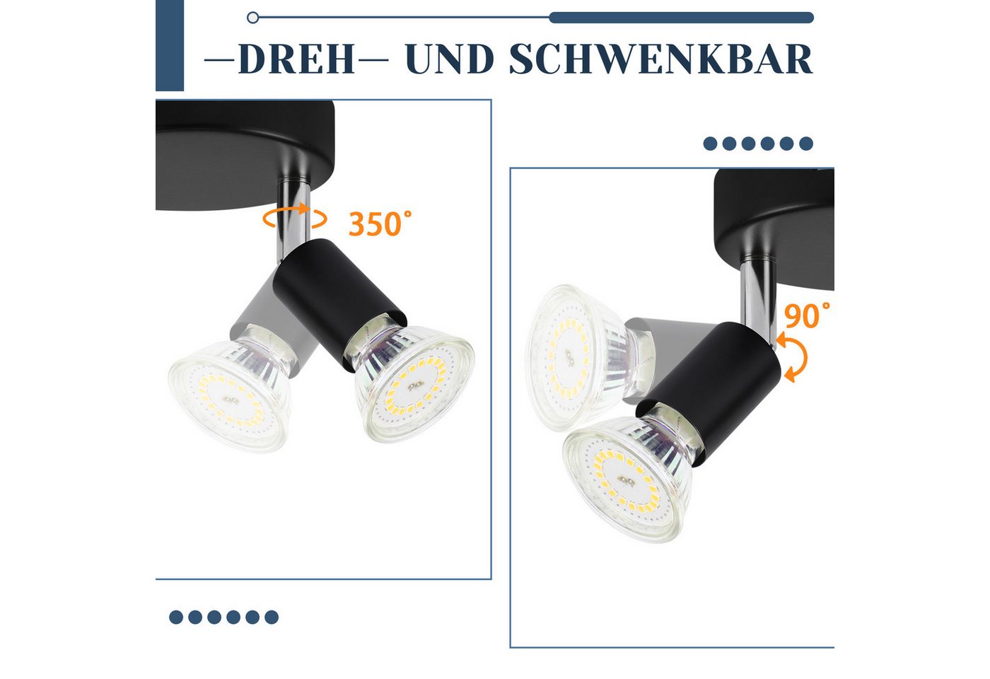 ZMH Deckenstrahler Modern, 2 Flammen, schwarzes Metall, GU10 Lampenfassung, schwenkbar, ohne Leuchtmittel, 90° drehbar, ohne Lichtquelle für Wohnzimmer und Schlafzimmer Bild 3