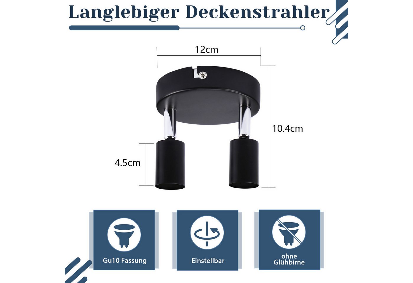 ZMH Deckenstrahler Modern, 2 Flammen, schwarzes Metall, GU10 Lampenfassung, schwenkbar, ohne Leuchtmittel, 90° drehbar, ohne Lichtquelle für Wohnzimmer und Schlafzimmer Bild 5