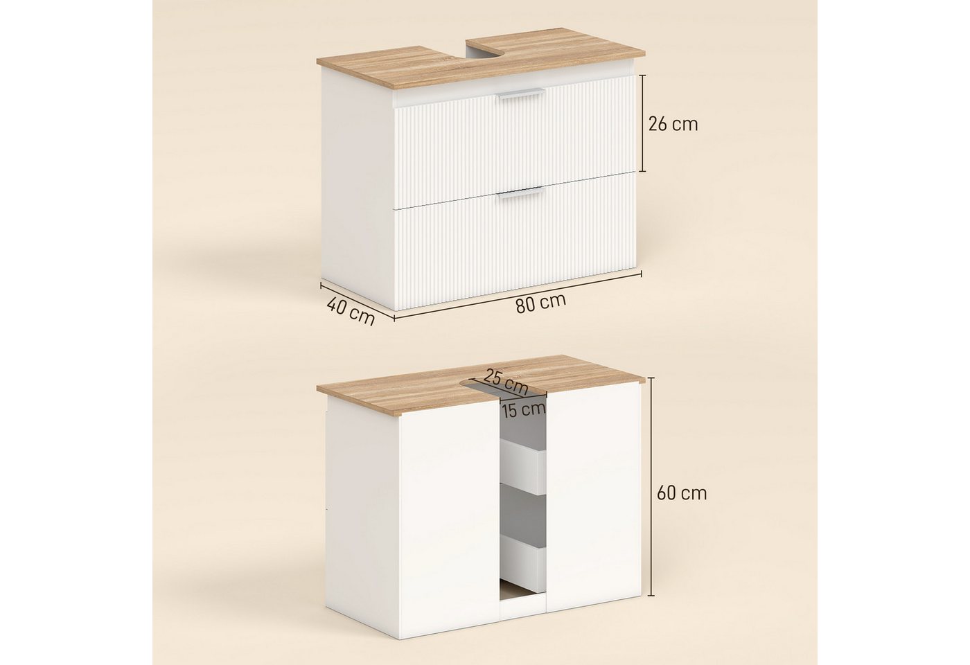 MC Star Waschbeckenunterschrank Bad-Unterschrank 80cm Weiß, 2 große Schubladen, mit/ohne Sockel Bild 4