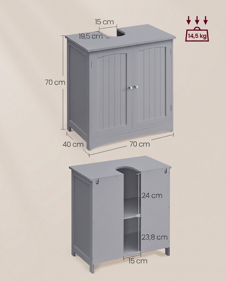 VASAGLE Waschbeckenunterschrank Waschtischunterschrank viel Stauraum mit 2 Türen, 40 x 70 x 70 cm, verstellbare Ablage, modern